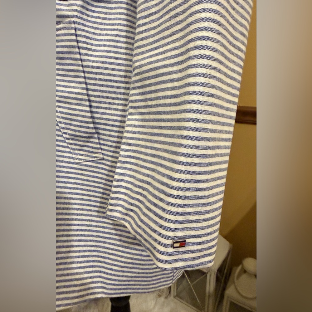 Tommy Hilfiger NWOT Light Blue and White Striped Double Breasted Trench Coat - Picture 7 of 11